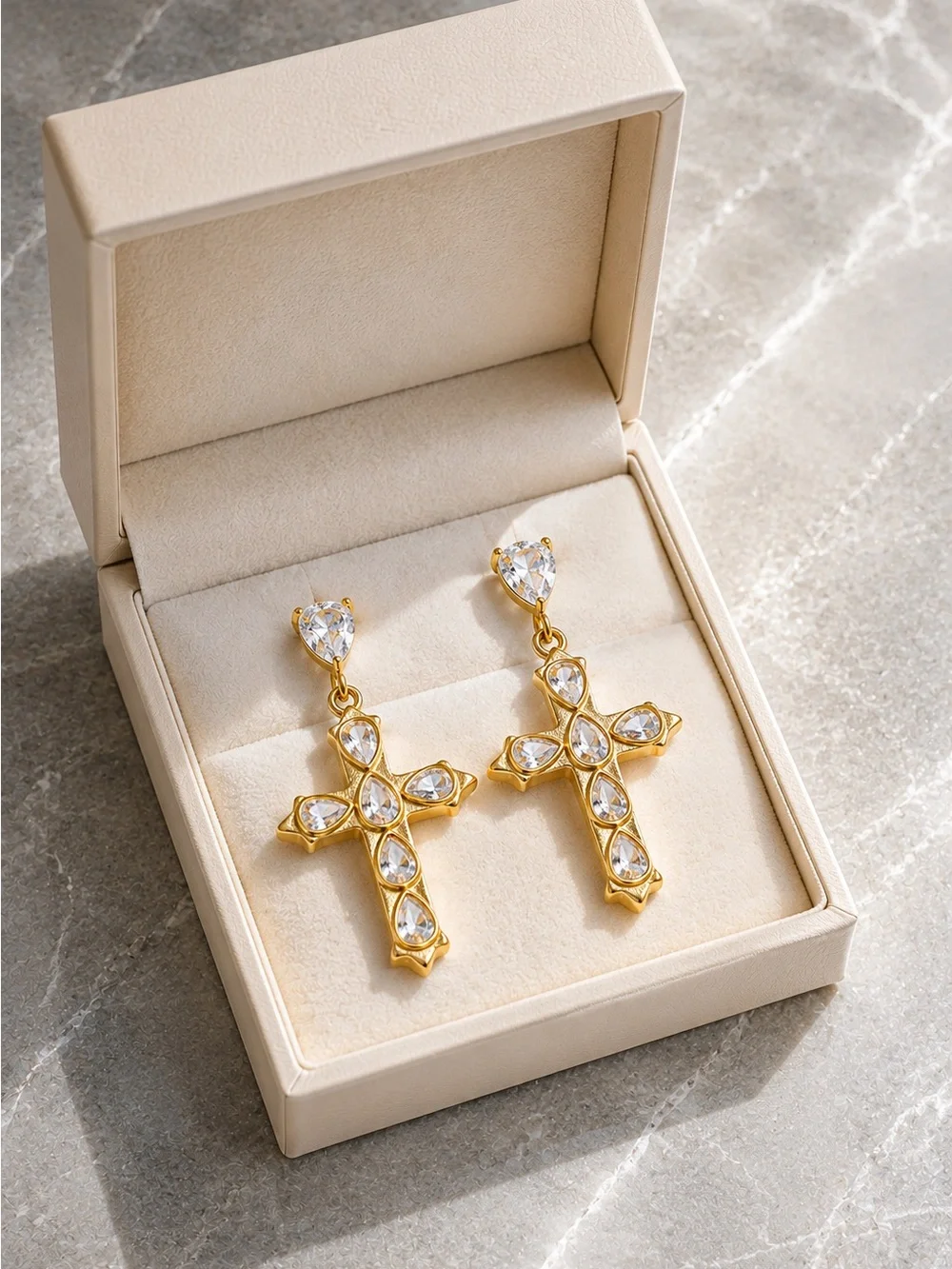 18 K plated Gold Cross Drop Earrings with Clear Stones